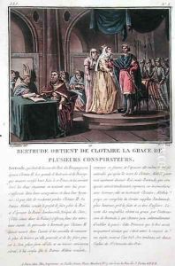 Clothaire II, King of the Franks 584-628 is beseeched by his wife Bertrude d.620 to spare the lives of several conspirators, engraved by Jean Baptiste Morret fl.1790-1820, 179 by Jacques Francois Joseph Swebach