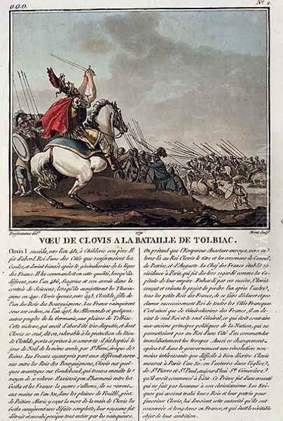 Clovis I c.466-511 at the Battle of Tolbiac, 496 AD, engraved by Jean Baptiste Morret fl.1790-1820, 1791 - view 1