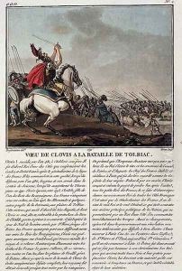 Clovis I c.466-511 at the Battle of Tolbiac, 496 AD, engraved by Jean Baptiste Morret fl.1790-1820, 1791 by Jacques Francois Joseph Swebach