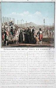 Henri II 1519-59 receives the keys of Metz, Toul and Verdun 1552, engraved by Jean Baptiste Morret fl.1790-1820, 1790 by Jacques Francois Joseph Swebach