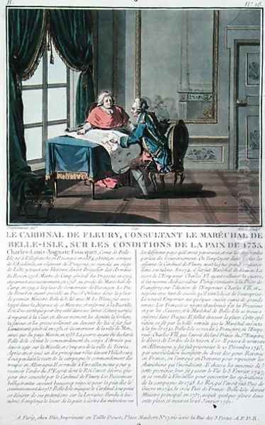 Cardinal de Fleury 1653-1743 consults with Marechal de Belle-Isle 1684-1761 on the conditions of the Peace, 1735, engraved by Jean Baptiste Morret fl.1790-1820, 1791 - view 1