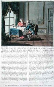 Cardinal de Fleury 1653-1743 consults with Marechal de Belle-Isle 1684-1761 on the conditions of the Peace, 1735, engraved by Jean Baptiste Morret fl.1790-1820, 1791 by Jacques Francois Joseph Swebach