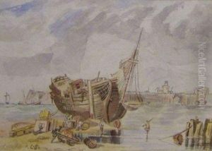 Coastal Harbour With Fishermen And Boat by William Clarkson Stanfield