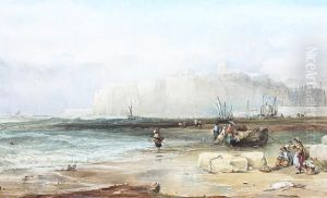 Fisherfolk On A Beach Before A Busy Coastaltown