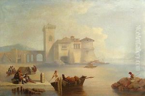 A View Of Fortified Buildings On A Shore With Fisherman On A Dock In The Foreground by William Clarkson Stanfield