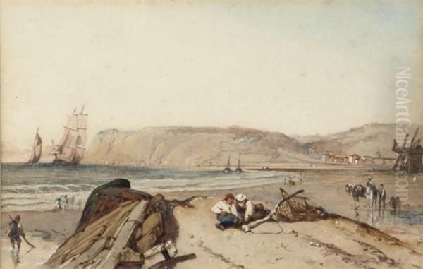 Figures By The Sea With Shipping In The Distance - view 1