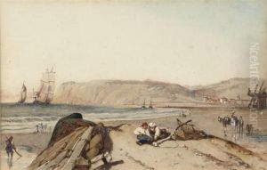 Figures By The Sea With Shipping In The Distance by William Clarkson Stanfield