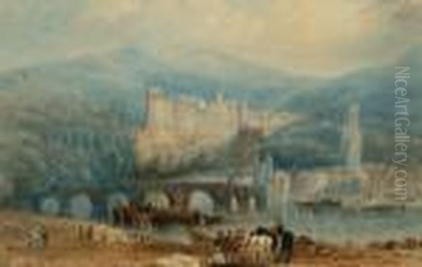 Follower Of Clarkson Stanfield 
Ra -- View Of A European Town With A Stone Bride, A Crowd Of Figures And
 Mountains In The Distance; Watercolour, Bears Signature, 18.5x28cm - view 1