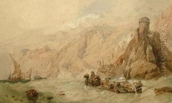 Follower Of Clarkson Stanfield 
Ra -- 'citara, Gulf Of Salerno'; Watercolour, Bears Initials, Bears 
Paper Label Attached To The Reverse Of The Frame, 15x24cm - view 1