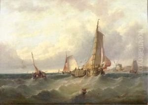 Fishing Vessels Off A Coast With A Windmill In The Distance by William Clarkson Stanfield