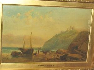 Fisherfolk, Beached Boat And Horses On The Shore, A Cliff Top Castle Beyond by William Clarkson Stanfield