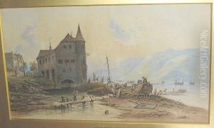 Extensive River Valley With Buildings, And Figures Repairing A Boat On The Bank Extensive River Valley With Buildings, And Figures Repairing A Boat On The Bank