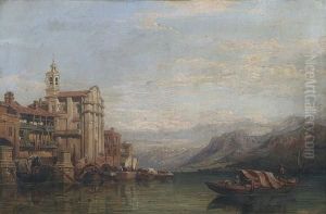 Tranquil Italian Lake Scene With Boats Off A Jetty