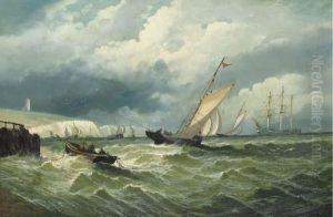 A View Of The English Channel 
With Sailboats In Choppy Seas Off The White Cliffs Of Dover