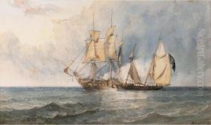 A Man-o-war And Pirate Ship At Full Sail On Open Seas by William Clarkson Stanfield