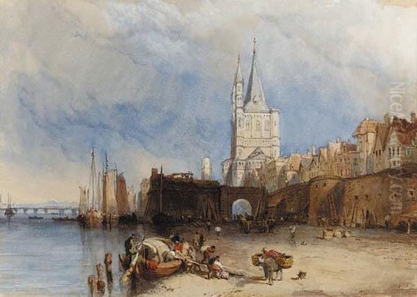 Figures Unloading A Barge In Cologne Harbour - view 1