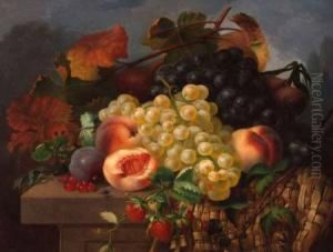 Still Life Study Of Grapes, Peaches And Strawberries On A Ledge by Eloise Harriet Stannard
