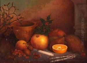 Still Life Study Of Mixed Fruit, Coconut, Nuts And Holly