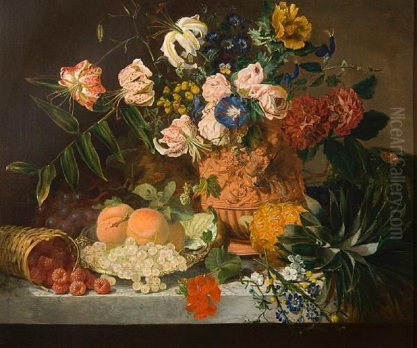 Still Life Of Fruit And Flowers On A Marbleledge - view 1
