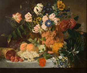 Still Life Of Fruit And Flowers On A Marbleledge Still Life Of Fruit And Flowers On A Marbleledge