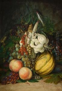Still Life Of Melon, Peaches, Plums, Grapesand White Flower by Eloise Harriet Stannard