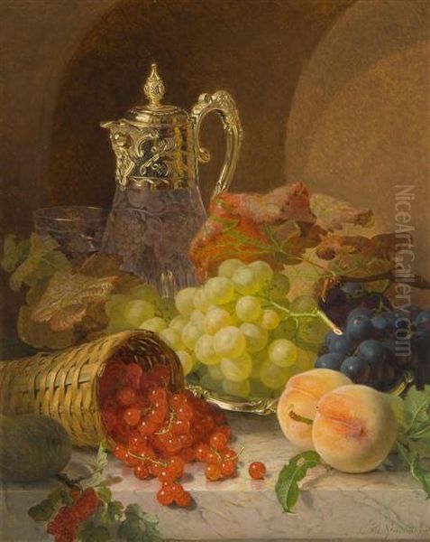 Still Life Of Fruit And Vine Leaves Together With A Claret Jug, Basket And Dish - view 1