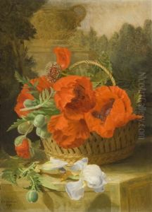 Poppies In A Basket, With An Iris, On A Stone Ledge by Eloise Harriet Stannard