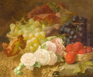 A Still Life Of Grapes, Plums, Figs And A Hollyhock