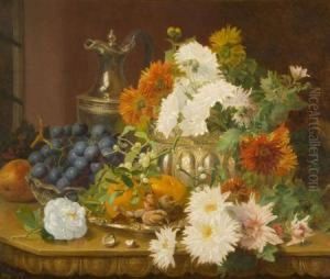 A Still Life Of Chrysanthemums In A Silver Bowl With Ewer, Fruit And Mistletoe