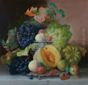 Still Life Of Grapes, Melon, Pears Plums And Peaches In A Silver Bowl by Eloise Harriet Stannard