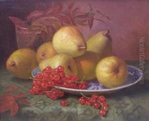 Pears And Redcurrants On A Blue And White Plate, Aglass Beaker With Flower In Background