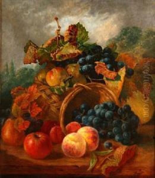 Still Lifestudy Of Pears, Apples, Peaches And Grapes In A Basket On A Ledge - view 1