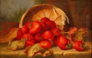 Still Life Study Of Strawberries By A Basket On A Stone Ledge by Eloise Harriet Stannard