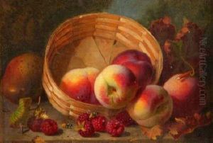 Still Lifestudy Of Peaches And Raspberries By As Basket, On A Wooden Ledgewith Two Wasps by Eloise Harriet Stannard