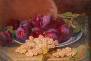 Still Lifestudy Of Plums And White Currants On A Blue And White Plate, On Awooden Ledge by Eloise Harriet Stannard