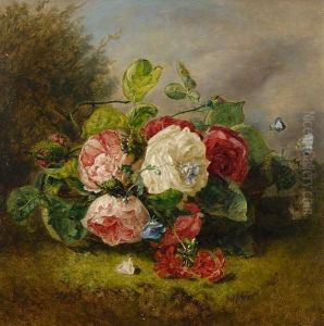 A Still Life Of Roses And Geraniums With Blue Butterflies In A Landscape