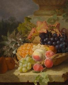 Still Life Of Fruit In A Basket On A Stone Ledge by Eloise Harriet Stannard