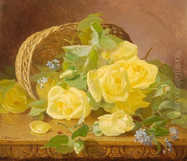 A Still Life Of Yellow Roses And
 Forget-me-nots Spilling From A Basket Onto A Carved Wooden Shelf - view 1