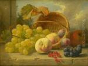 Still Life, Red And White 
Grapes, Peaches, Apple, Plums,red Currants And Rush Basket On A Stone 
Ledge by Eloise Harriet Stannard