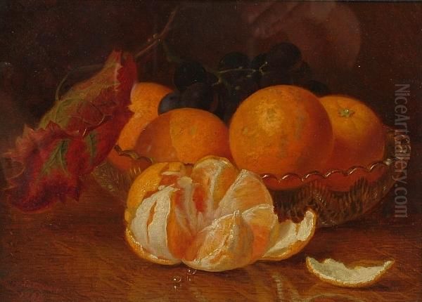 A Peeled Orange With A Cut-glass Bowl Of Oranges And Grapes Behind - view 1