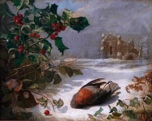 Dead Robin And Holly In The Snow With Church Beyond