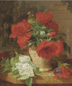 Poppies In A Vase, With White Lilac On A Marble Ledge by Eloise Harriet Stannard