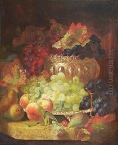 Still Life Of Fruit In A Silver Bowl And A Silver Tray All On A Marble Ledge