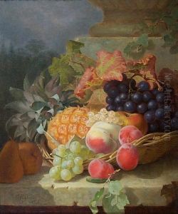 Still Life Of Fruit In A Basket On A Marble Ledge by Eloise Harriet Stannard