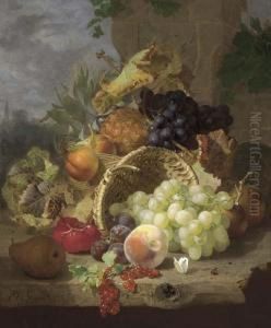 Apples, A Pineapple And Black
Grapes In A Basket, Beside An Upturned Basket With A Pear, Plums,
Redcurrants, A Peach, White Grapes And A Butterfly On A Wooden Ledge by Eloise Harriet Stannard