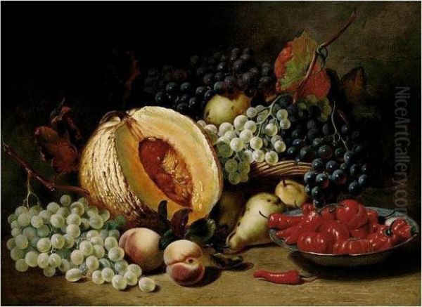 Still Life With A Basket Of Grapes, Peaches, Pears, A Bowl Of Chillies And A Pumpkin - view 1