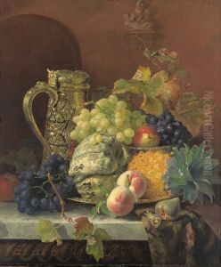 A Melon, Pineapple, Grapes And
Other Fruits On A Tray, With Asilver Gilt Flagon On A Marble Ledge by Eloise Harriet Stannard