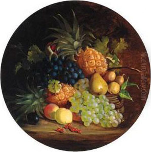 Grapes, Pears, Apples, Redcurrants And Pineapples In A Wickerbasket, On A Table - view 1