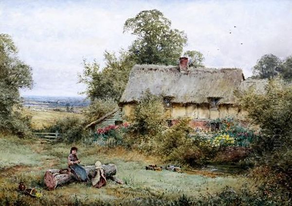 Girls Winding Wool Seated By A Log Outside A Cottage - view 1