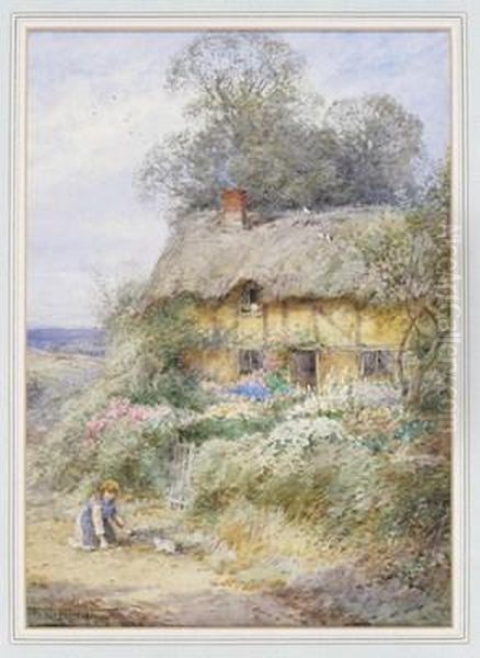 Feeding The Kitten By A Country Cottage - view 1